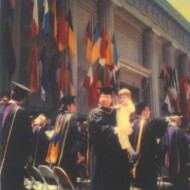 Fred had spent many hours in a basket in law school classes so it was only fitting that he participated in graduation Dad and Fred graduate from Boalt Hall June 1986